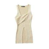 Daiiibabyyy  Stylish Cross-over Irregular Neckline Sleeveless Knitted Vest For Women Niche Sexy Slit Slim-fit Top CasualPure Desire 0FY1