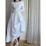 Daiiibabyyy  New Lady Sexy One Shoulder Vacation Dress Spring Women Solid Color Ruched Dress Female Chic Korean White Slim Fit Dress