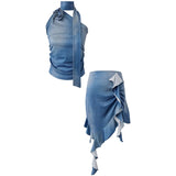 DAIIIBABYYY  -  Women's Denim Skirt Set Korean Fashion Pure Desire Sexy Off Shoulder Camis Top Irregular Ruffled Mini Skirts Sexy Two Piece Sets
