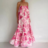 Daiiibabyyy  Sexy Off Sholder Waistband Vacation Dress Floral Print Elegant Bohemian Long Dress Women Casual Sleeveless Pleated Maxi Dresses