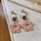 Daiiibabyyy  Bohomian Woven Rattan Hollow Out Flower Drop Earrings for Women Retro Wooden Beads Dangle Earrings Vacation Party Jewelry K