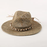 Daiiibabyyy  Sea Grass Summer Panama Hats for Women Sun Hat with Leather Shell Band Designer Flat Top Straw Fedora Hat Party Travel Beach Hat