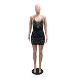DAIIIBABYYY  -  Sexy Black Diamond Dresses for Woman Spaghetti Strap V Neck Sheath Mini Length Elegant Evening Night Club Vestidos Mujer Dress