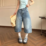 Daiiibabyyy  Fashionable Vintage Letter Star Embroidery Jeans Summer American Loose Women's Clothing Wide Leg Streetwear Denim Capri Pants