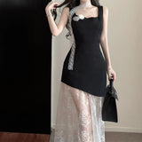 Daiiibabyyy  French  flower square neck vest splicing lace dress summer new temperament age-reducing versatile dress