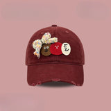 DAIIIBABYYY  -  Korean Niche Retro Rough Edge Cartoon Labeling Design Bow Baseball Cap Men and Women Wide Brim Soft Top Adjustable Sports Hat
