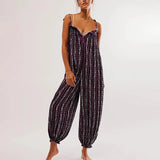 Daiiibabyyy  Vintage Pattern Print High Waist Summer Playsuits Elegant V-neck Tie-up Suspender Romper Casual Sleeveless Loose Women Jumpsuit