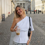 Daiiibabyyy  Women's Solid One Shoulder Asymmetric Blouse Elegant Ruched Bust Minimalist Sleeve Tops Lady Fashion Date Night T-shirt