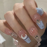 Daiiibabyyy 24Pcs Detachable False Nails Rhinestones Blue Wearable Fake Nails Full Cover Nail Tips Fake Nail with Moon Design Press on Nails