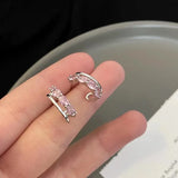 Daiiibabyyy  Pink Crystal Double-layer C-shaped Stud Earrings Girls Sweet Simple Earrings Party Fashion Jewelry Women Gifts