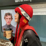 Daiiibabyyy  Japanese Ethnic Style Jacquard Knitted Ear Protection Beanie Cap for Men and Women Winter Warm Versatile Lace-up Bomber Hats