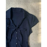 Daiiibabyyy  French Retro Vintage Temperament Navy Blue Lace Up Button T-shirt Slim Fit Slimming Top Women