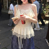 Daiiibabyyy  French Style Fashionable Lace Patchwork Slim Camis Summer Waist Tops Female Clothing Solid Color Basic Hotsweet Sleeveless Tanks