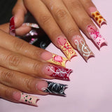 Daiiibabyyy  24pcs Sweet Cool French Style False Nails Wave Point Flower Designs Spicy Girl Press On Nails Medium Coffin European Fake Nail