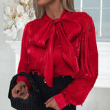 DAIIIBABYYY  -  Summer Women Casual Long Sleeve Mesh Commute Shirts Office Sexy Pearl See-through Tops 2025 Spring Elegant Lace-up Solid Blouses