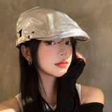 Daiiibabyyy  New Silver PU Leather Forward Hats for Women Spring and Autumn Travel Fashion Versatile Street Trend Yuppie Berets Cap Men
