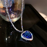 Daiiibabyyy  Blue Heart Crystal Necklaces for Women Long Chain Pendant Necklaces Statement Jewelry Wedding Party Gift