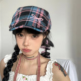 Daiiibabyyy Original Bow Contrasting Color Plaid Newsboy Hats for Women Show Face Summer Thin Versatile Sunscreen Vintage Berets Cap Y2k