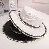 DAIIIBABYYY  -  Summer Elegant Pearl Chain Flat Sun Hat Women's Straw Panama Wide Brim Anti-UV Beach Cap Feminino Chapeu Girl Topee