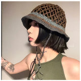 DAIIIBABYYY  -  Mori Girl Bucket Hat Japanese Hand-woven Hollowed-out Contrasting Fisherman's Cap Sweet and Cute Lace-up Straw Beach Caps