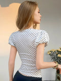 Daiiibabyyy  Casual Polka Dot Slim Short Vest Women Elegant V-neck Bubble Sleeves Pleated Short-sleeve Shirt Lady Date Daily Tops New