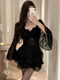 DAIIIBABYYY  -  Y2K Sweet Skirt Sutis Sexy Slash Neck Flare Long Sleeve Lace Short Top + Slim Waist A-Line Mini Skirt Womens Two Pieces Set New