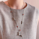Daiiibabyyy  Unusual Spotted Natural Stone Red Agate Cartoon Dog Dachshund Pendant Necklaces Long Braid Rope Sweater Chain for Women
