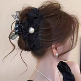 Daiiibabyyy  1PC Mesh Bow Round Bead Hair Clip for Women, High-End Feeling, New Style, Back of Head Hair Clip, Shark Clip Hair Accessory