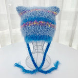 Daiiibabyyy  Cat Ear Contrast Stripe Handmade Crochet Plush Hat Children's cute ear protection warm imitation mink wool cap in winter