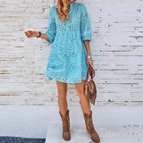 Daiiibabyyy Jacquard Embroidery Hollow Lace Party Dress Women Spring Elegant V-neck Buttons Mini Dress Autumn 3/4 Sleeve Sexy A-Lineoho Robe