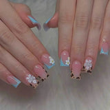Daiiibabyyy  24PCS Simple Star French Press on False Nails with Glue Retro Leopard Print Patterns Medium Square Wearable Fake Nails for Women
