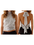 Daiiibabyyy  Women s Glittering Sequin V-Neck Sleeveless Crop Top Shimmering Backless Party Blouse with Halter Neckline