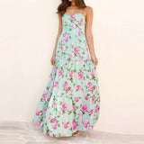 Daiiibabyyy  Flower Print Hollow Suspender Long Dress Fashion Women Off Shoulder Pleated Bohemian Dress Vacation Backless Summer Casual Dress