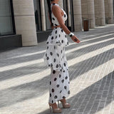 Daiiibabyyy  Women Elegant Luxury Slim 2Pc Suits Polka Dot Print Holiday Skirt Outfits Sexy Halter Sleeveless Top & Layered Ruffle Skirt Set