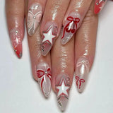 Daiiibabyyy  24Pcs Red Gradient Cherry Bow Press on Nails Star Rhinestone Fake Nails Mid-length Almond Detachable Full Cover False Nails Tips