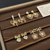 Daiiibabyyy Autumn Winter Maillard Bowknot Pearl Earrings 2024 Retro Fashion Plaid Cloth Flower Heart Delicate Stud Earrings Female Jewelry