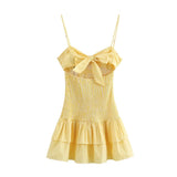 Daiiibabyyy  Summer Floral Print Hollow out Back Dress with Small Bow Tie Wind Hemp Short Sleeve V-Neck British Style Commute Dress