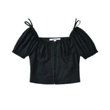 Daiiibabyyy  Sexy White U Collar Metal Hook Buttons Short Puff Sleeve Shirt Women Tie Bow Shoulder Center Slim Crop Tops Black