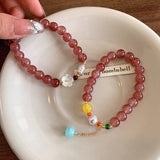 Daiiibabyyy  Purple Pink Crystal Pearl Beaded Bracelet New Flower Bead Tassel Design Exquisite Elastic Elegant Bracelet Women's Jewelry Gift