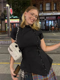Daiiibabyyy  Fashion Solid Lapel Short Sleeve Slim Cropped Blouse Vintage Women Black Irregular Buttons Top Lady Daily Street Y2k Tops