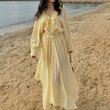 Daiiibabyyy  2025 Elegant Sexy Chiffon Summer Tops Pleated Ruffles Trim V-neck Long Sleeved Sheer Loose Shirts Blouse Holiday Streetwear