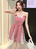 DAIIIBABYYY  -  Red Plaid Patchwork Lace A-Line Short Dress Women Elegant Bow Y2k Dress Summer Korean Fashion Bodycon Festival Party Dress