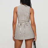 Daiiibabyyy  Lady O Neck Hollow Sleeveless A-line Dress Summer Minimalist Striped Slim Office Dress New Casual Lace Up High Waist Short Dress