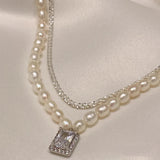 Daiiibabyyy  Vintage Shiny Cubic Zircon Square Pendant Necklace for Women Elegant Imitation Pearl Necklace Sweater Chain Party Jewelry Gifts