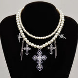 DAIIIBABYYY  -  Double layer pearl tassel necklace personalized diamond cross pendant necklace
