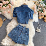 Daiiibabyyy  American Retro Denim Sets for Women Polo Collar Hollow Out Tops+High Waist Bandage Hot Shorts Girls Two-piece Set
