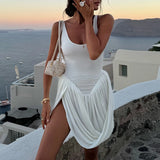Daiiibabyyy  Irregular Hem Design Party Holiday Mini Chic Dresses For Women Solid Color U Neck Straps Draped Casual Sexy Tank Dress