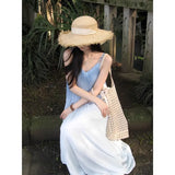 DAIIIBABYYY  -  Women's Beach Long Dress Sleeveless Loose Printed Blue White A-line Casual Dresses Korean Style Summer Skirts Preppy Clothes