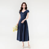Daiiibabyyy  New Summer French Elegant Sexy Slash Neck Simple Summer Dress Women's Slim Waist Fuff Short Sleeve Solid Long Evening Dress