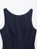 Daiiibabyyy  Sexy O collar Denim Mini Tank Dress Women Backelss Low Waist Lined Ruched Hem Swing Sleeveless Dresses Summer Robe Vestidos